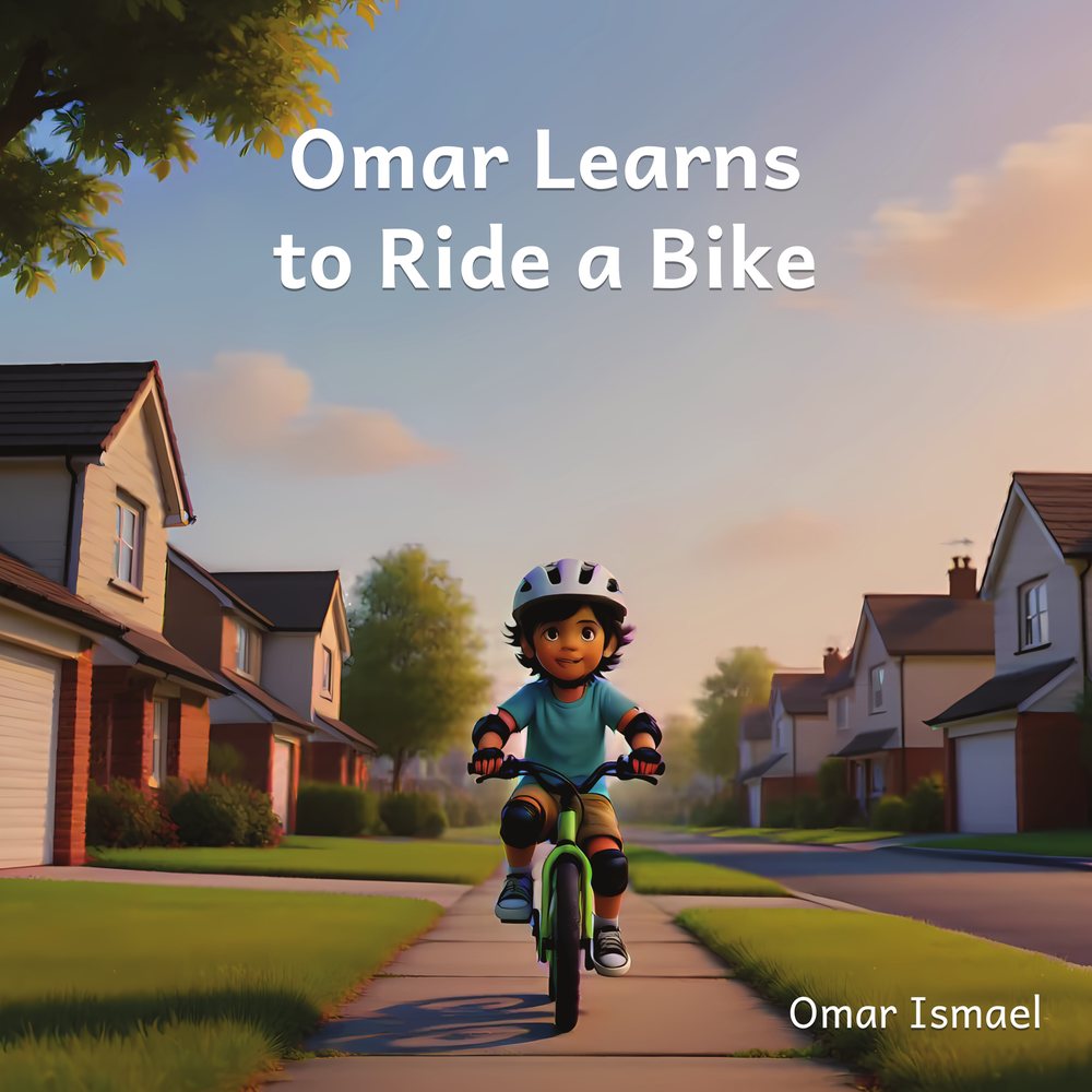 Cover of Omar Learns to Ride a Bike: a boy in a helmet riding a bright green bicycle along a neighborhood sidewalk.